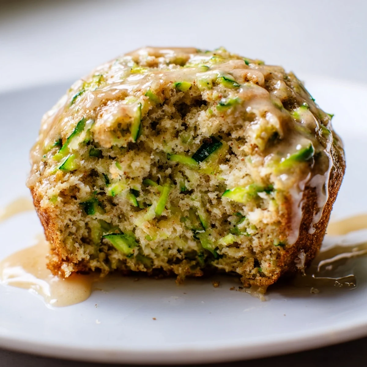 Green Zucchini Muffins mit Zitronenglasur, frisch gebacken in Muffinförmchen auf Holzuntergrund.