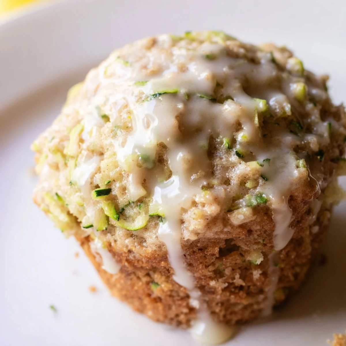 Goldbraune Green Zucchini Muffins mit Zitronenglasur, serviert zu Tee und Zitronenscheiben.