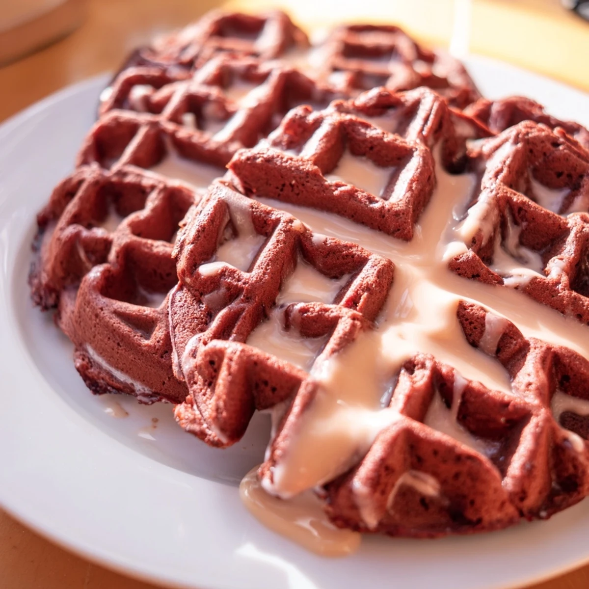 Saftige Red Velvet Waffles mit zarter Schokoladennote und glänzender Cream Cheese Syrup auf einem gemütlichen Frühstückstisch