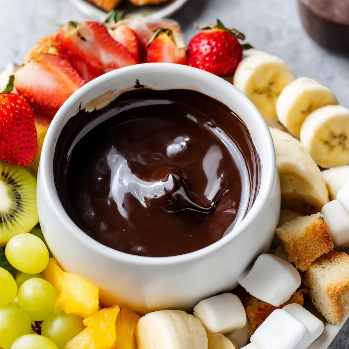 Close-up of Romantic Chocolate Fondue dipping from a skewer onto ripe strawberries and banana slices, perfect for sharing at a romantic gathering.