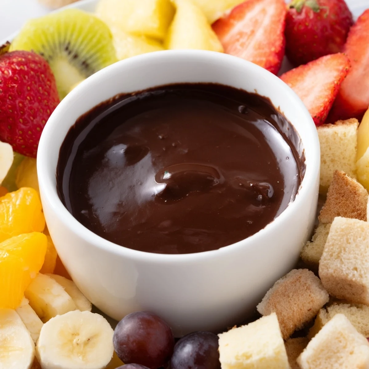 Elegant Romantic Chocolate Fondue with a rich, glossy chocolate sauce and colorful assortment of fresh fruit and dippers, ready to serve.