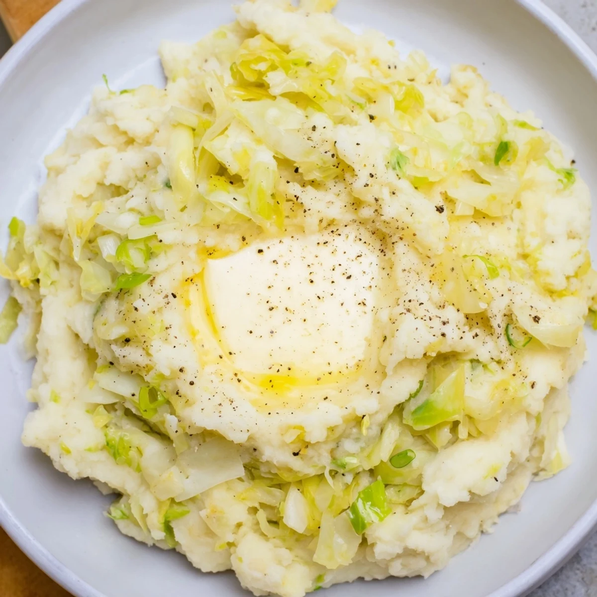 Creamy St. Patricks Day Colcannon Mashed Potatoes blended with tender green cabbage and fresh scallions.