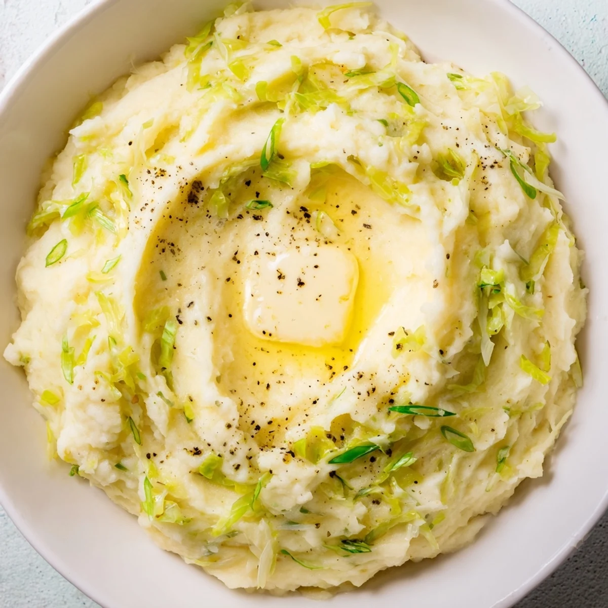 Side dish of St. Patricks Day Colcannon Mashed potatoes alongside corned beef for a festive Irish meal.
