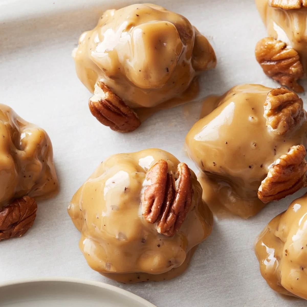 Creamy, rich Mardi Gras Pecan Pralines with toasted nuts on a baking sheet.