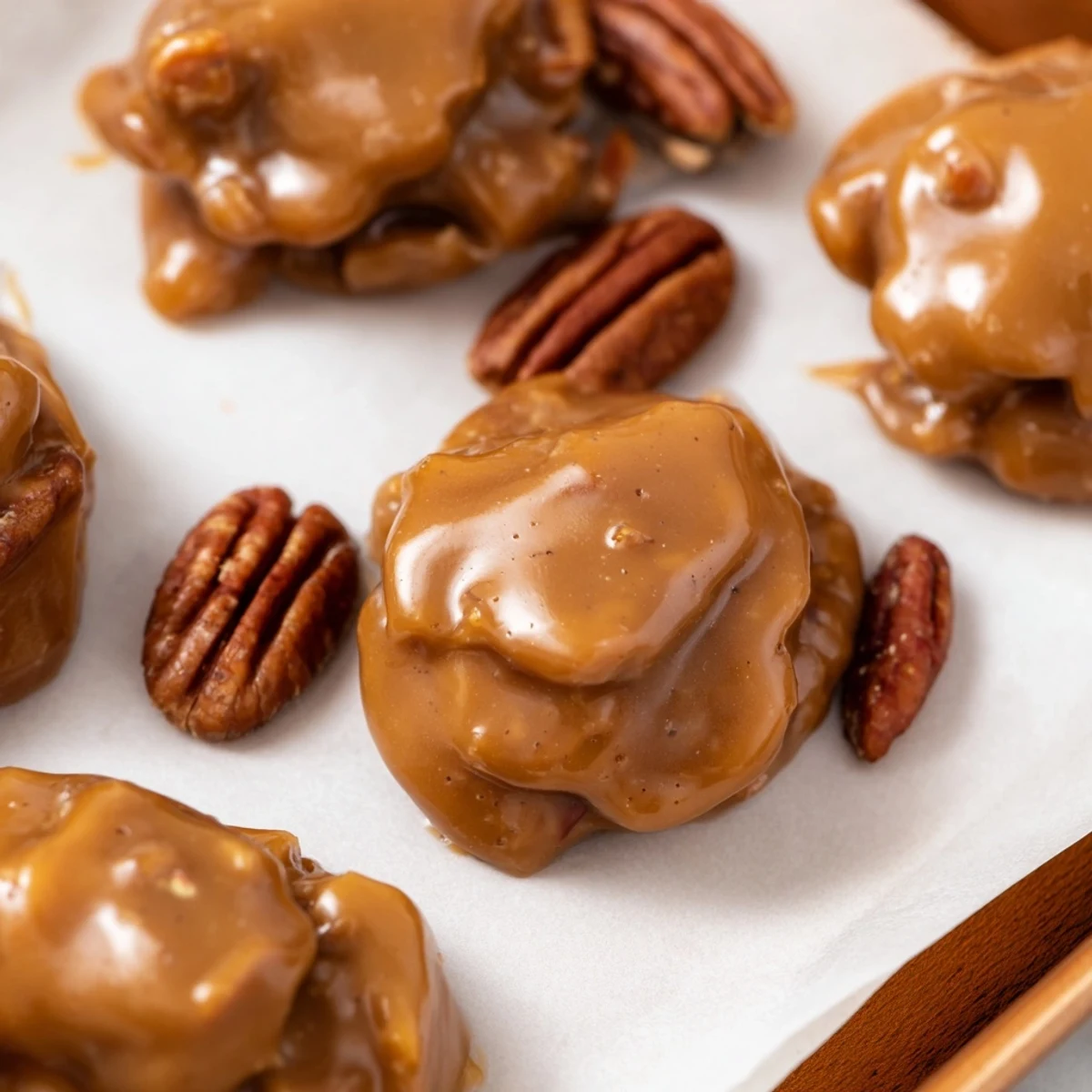 Golden, homemade Mardi Gras Pecan Pralines cooling on parchment with festive sprinkles.