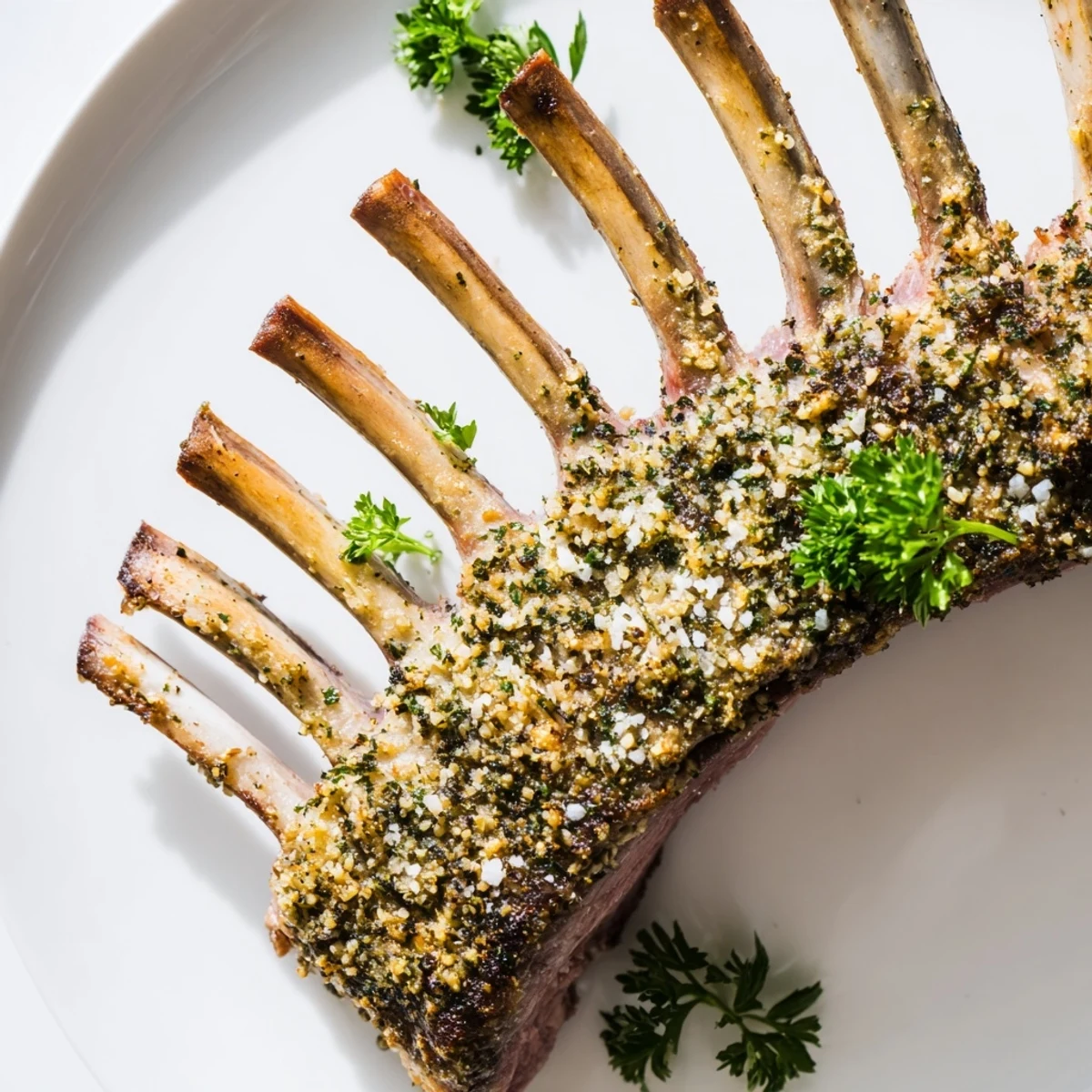 Garlic and herb crusted Romantic Roasted Rack of Lamb resting on a plate.