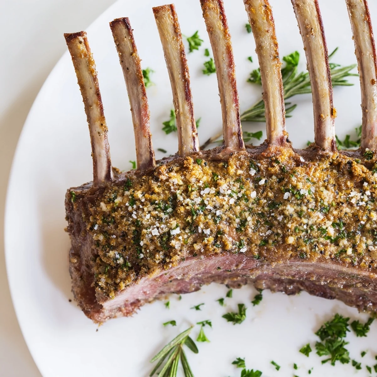 Perfectly cooked Romantic Roasted Rack of Lamb served with roasted potatoes and wine.
