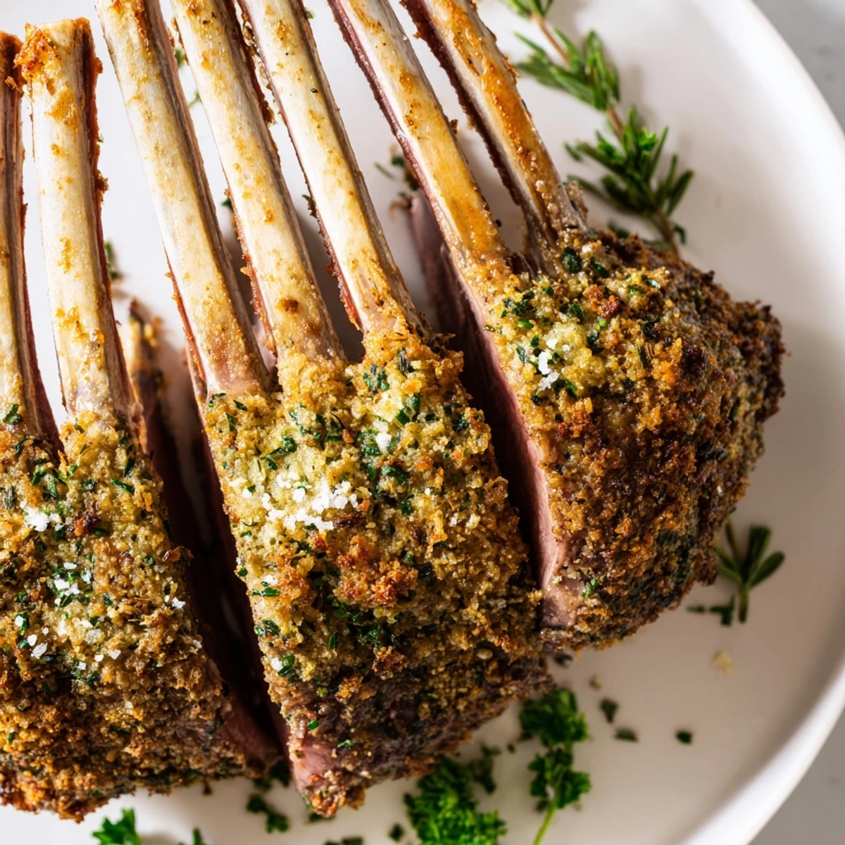 Juicy pink center slice of Romantic Roasted Rack of Lamb garnished with fresh parsley.