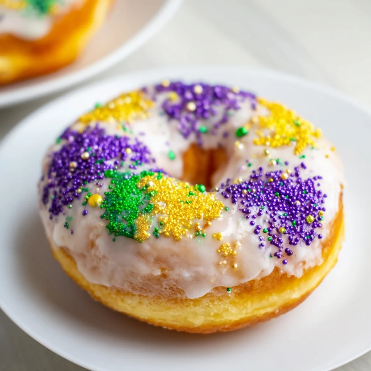 Frisch gebackene Mardi Gras Donuts mit glänzender Zuckerglasur und bunter Zuckerstreuung.