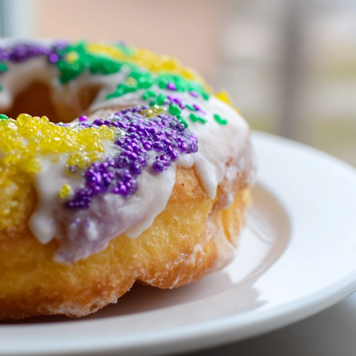Aufgebackene Mardi Gras Donuts mit leuchtendem Zucker und Kaffeekompliment auf Teller.