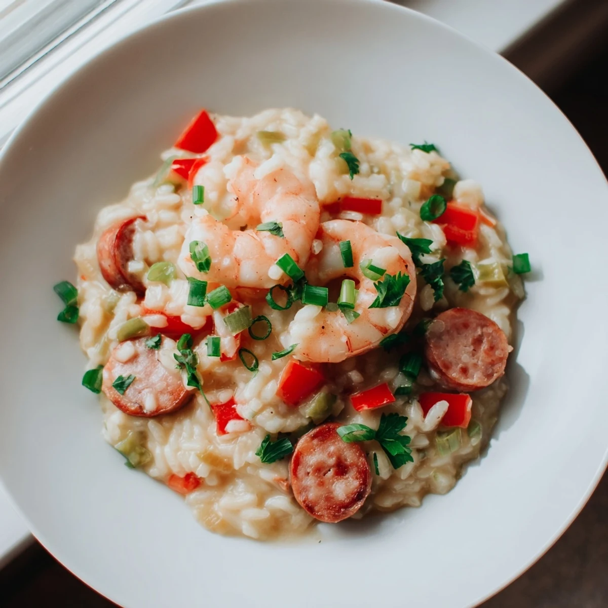 Dampfende Creole Jambalaya Risotto mit saftigen Shrimps in einer weißen Schüssel, garniert mit frischer Petersilie, Zwiebelringen und Zitronenspalten.