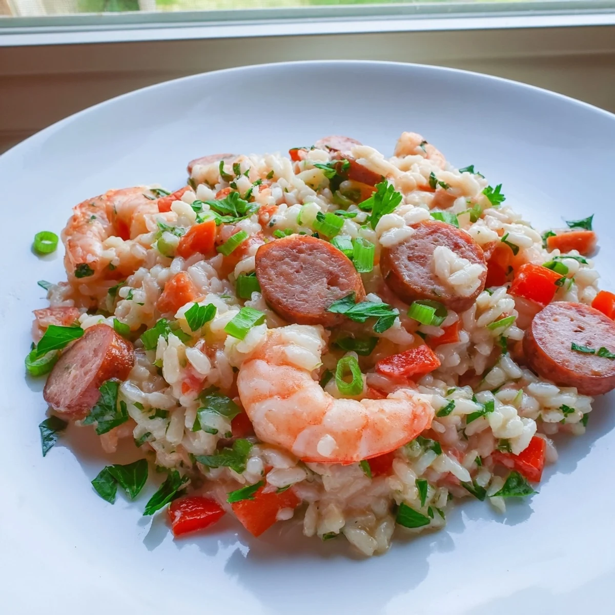 Gekochte Creole Jambalaya Risotto mit Shrimps und andouille Wurst, cremig gewürzt mit Paprika, serviert mit knackigen Paprikastücken und frischen Kräutern.