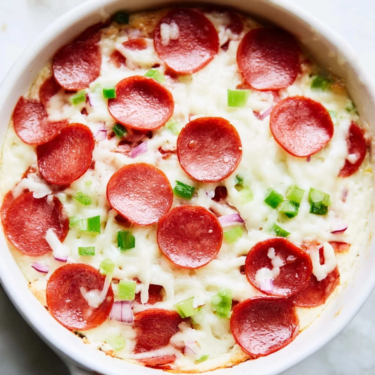 Golden, bubbly Game Day Pepperoni Pizza Dip with beef pepperoni and toasted dippers.