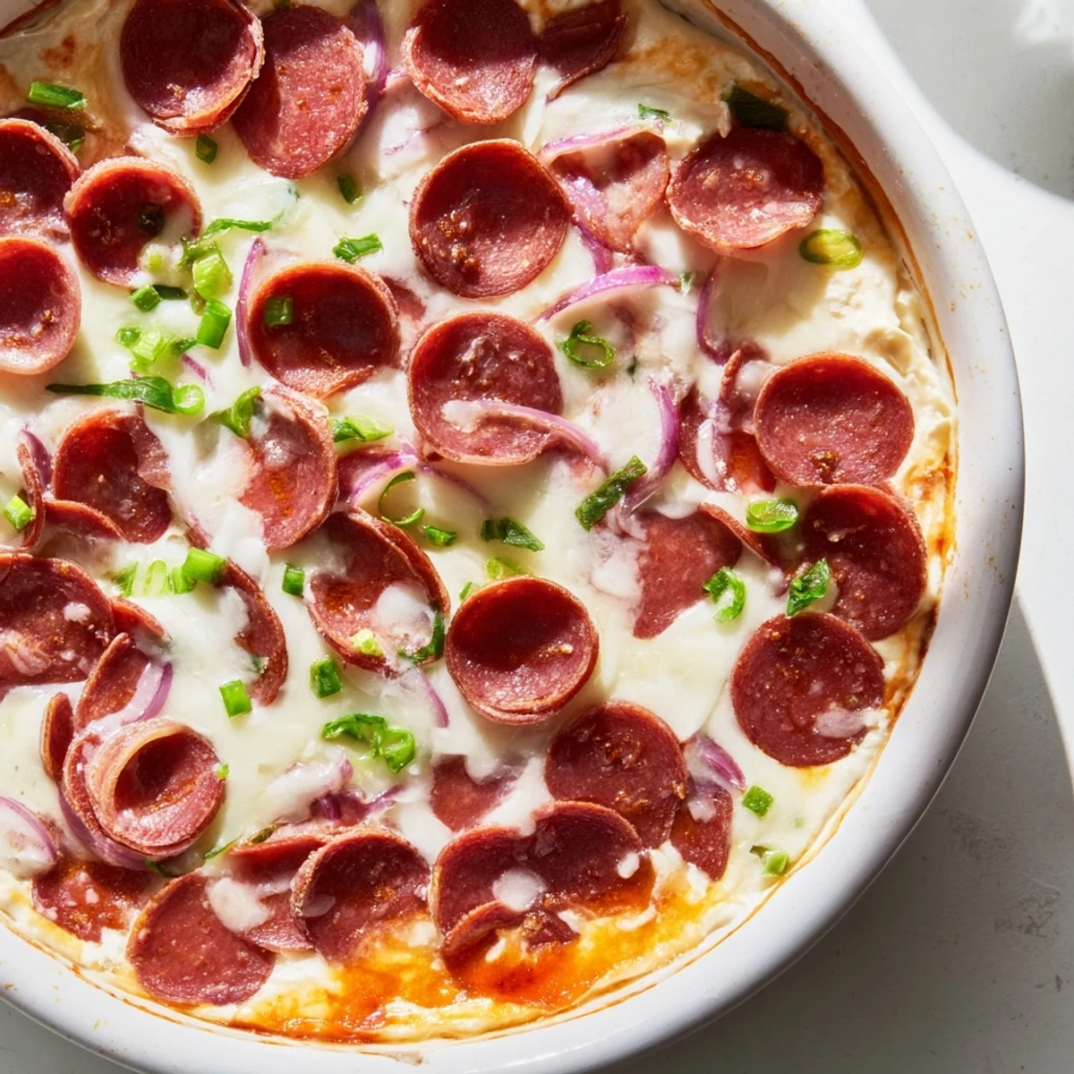 Creamy, cheesy Game Day Pepperoni Pizza Dip bubbling from the oven, ready to serve.