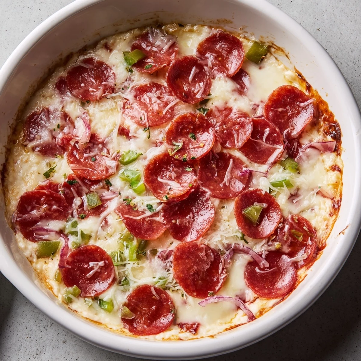 Cheesy Game Day Pepperoni Pizza Dip topped with beef pepperoni, paired with chips for game day.