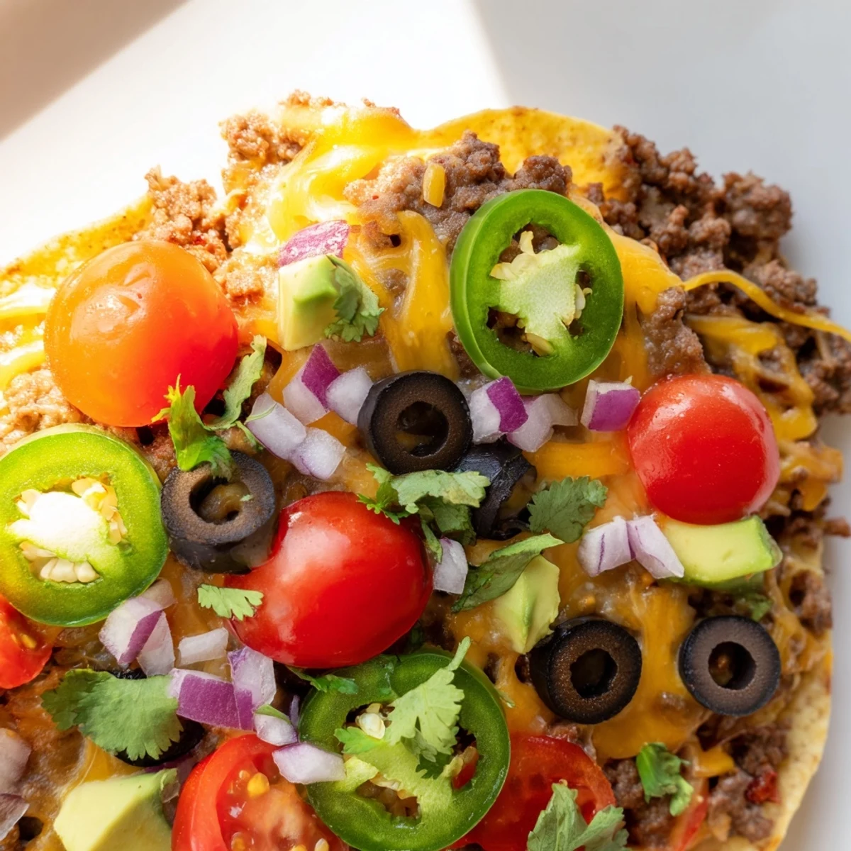 Mundwinkliges Championship Nacho Platter mit Ground Beef auf einem Teller, belegt mit geschmolzenem Käse und guacamole-gekrönten Belägen.