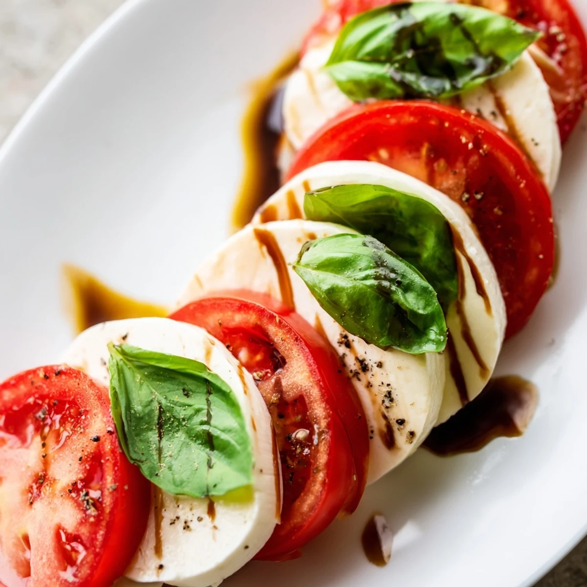Valentine Heart Caprese Salad mit herzförmigen Tomaten und Mozzarella, frischem Basilikum und Balsamico-Glasur auf einem Teller.