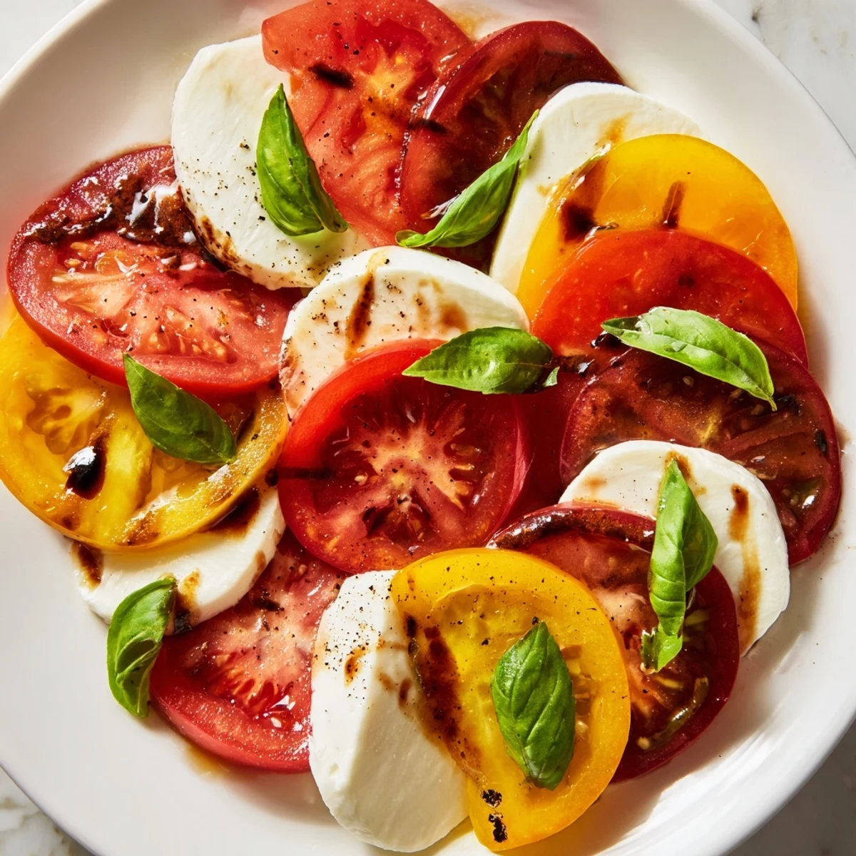 Valentine Heart Caprese Salad: perfekt für zwei, mit saftigen Tomaten, cremigem Mozzarella und würziger Balsamico-Glasur.