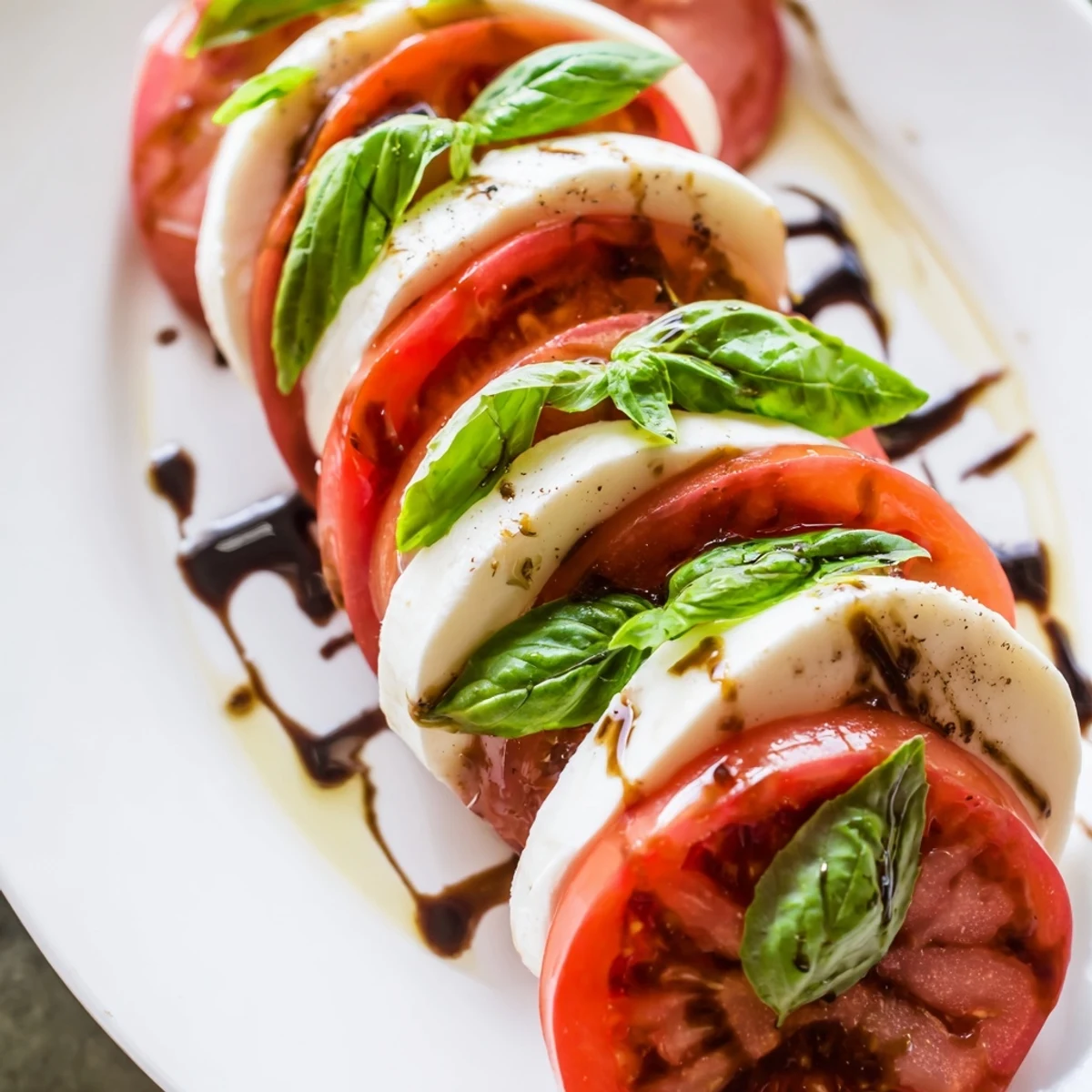 Herzförmige Mozzarella- und Tomatenscheiben mit Basilikum, auf romantischem Teller für zwei, ideal für ein Valentine's Day Dinner.