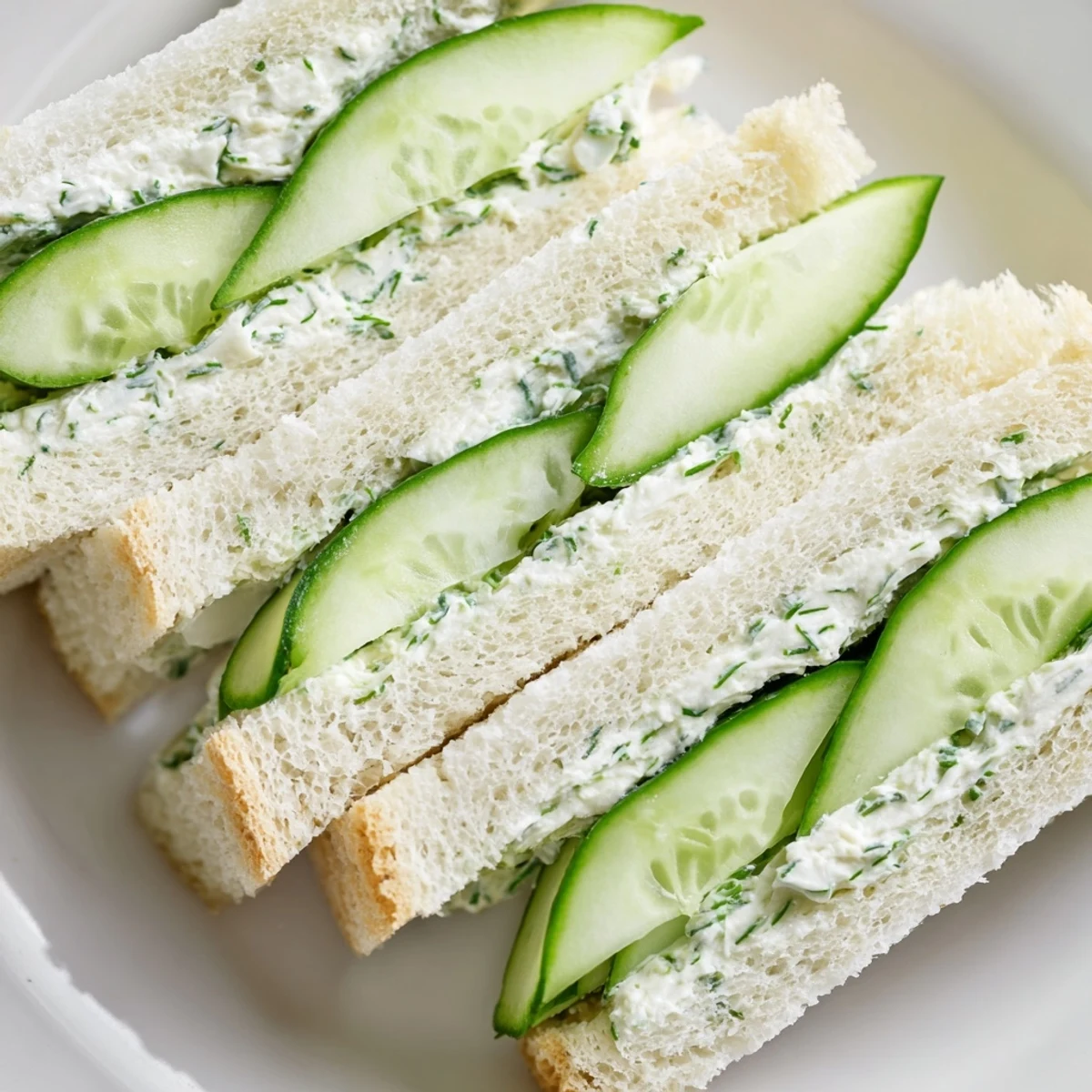 Frische Green Cucumber Sandwiches with Herb Cheese auf einem Holztisch mit Kräuterspread und Gurkenscheiben.