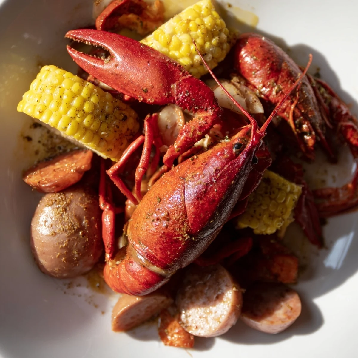 A steaming Louisiana Style Crawfish Boil piled high on a newspaper-covered table.