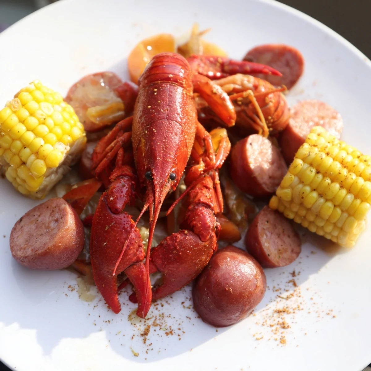 Spicy Louisiana Style Crawfish Boil with red potatoes, corn, and Andouille sausage.