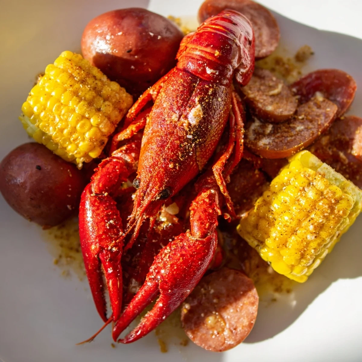 Freshly cooked Louisiana Style Crawfish Boil served with lemons and crusty bread.