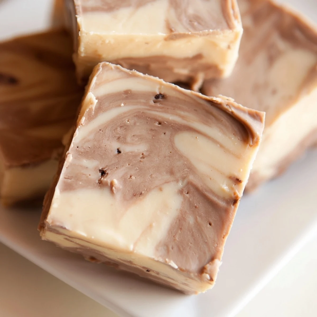Decadent Irish Cream Fudge cut into neat squares, ready to serve on a dessert platter.