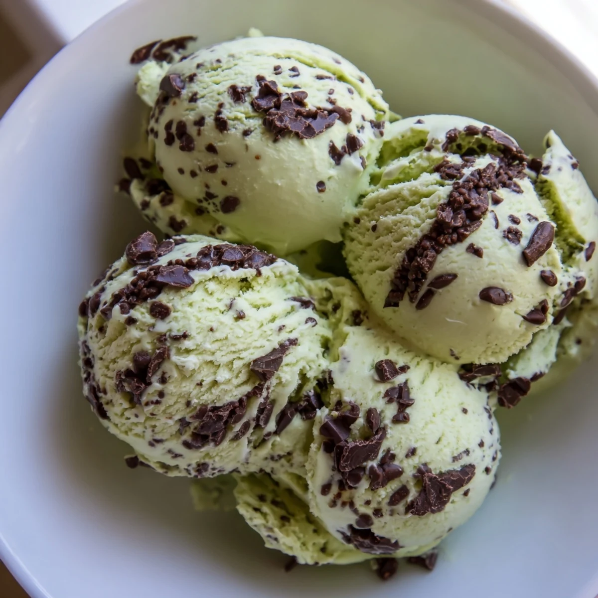 Three scoops of St. Patricks Day Mint Chocolate Chip Ice Cream in a green bowl, with chocolate shavings and mint leaves.