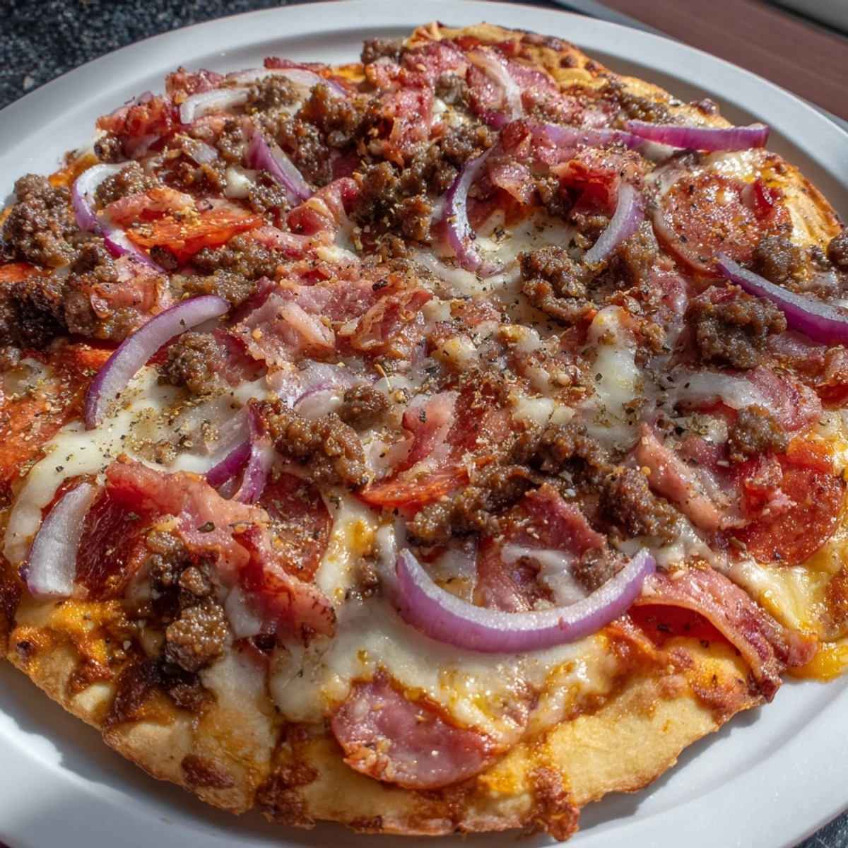 Goldbrauner Meat Lover Pizza mit Beef-Toppings, frisch aus dem Ofen und mit karamellisiertem Käse.