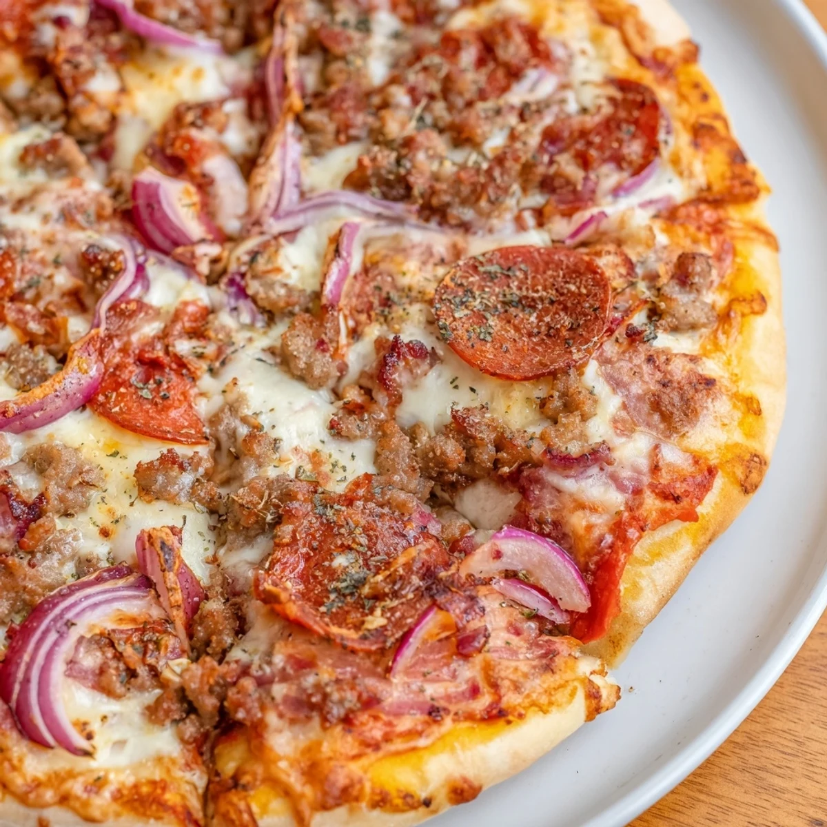Mehrere Scheiben Meat Lover Pizza mit Beef-Toppings auf einem Holztisch, serviert mit frischem Salat.