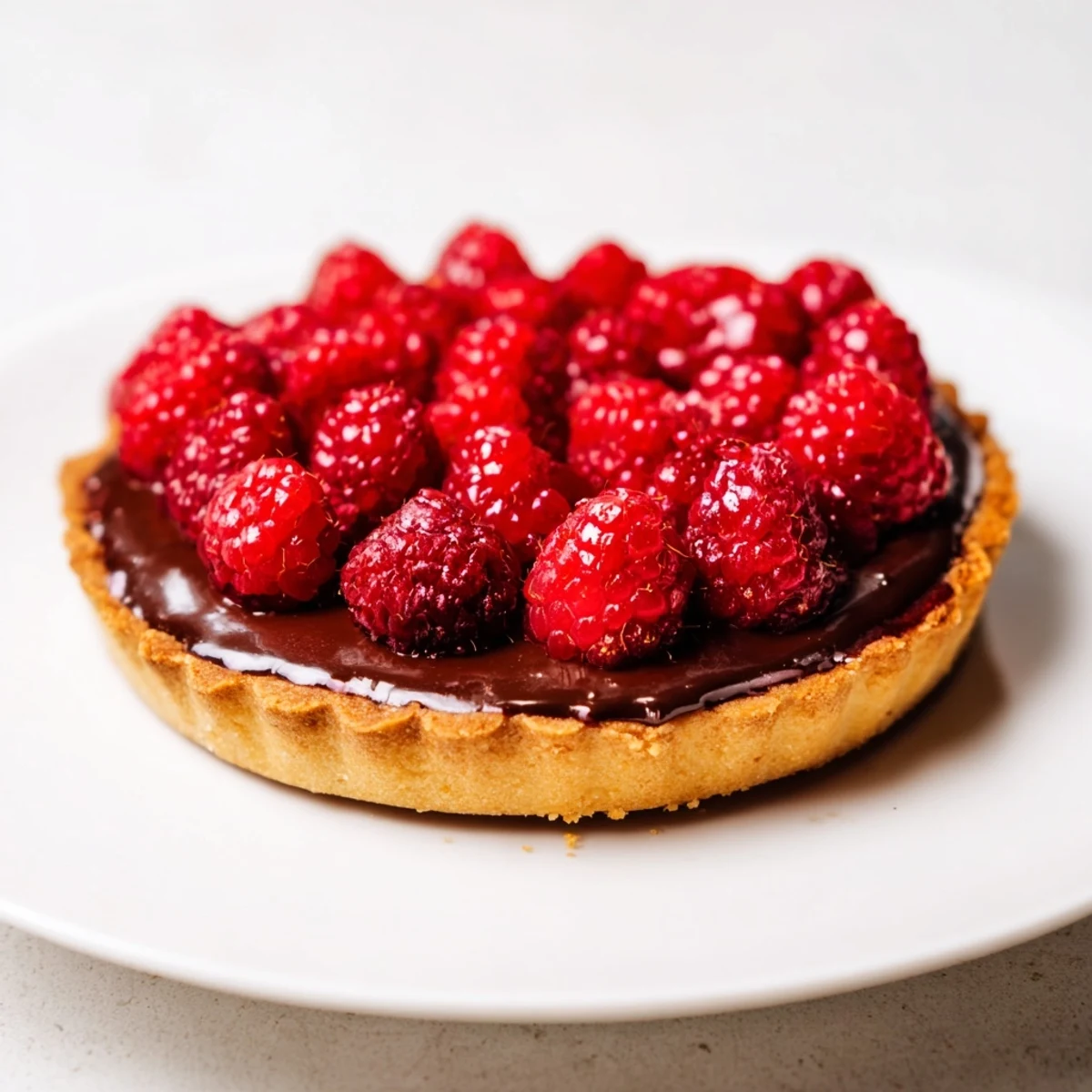 Frische Himbeeren auf glänzender Schokoladen-Ganache in einer knusprigen Butter-Teigtarte.