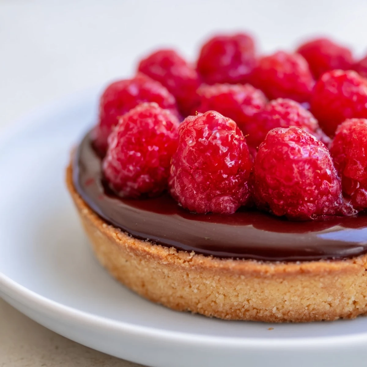 Mit Schokolade gefüllte Tarte mit frischen Himbeeren, ideal für Dessert-Liebhaber.