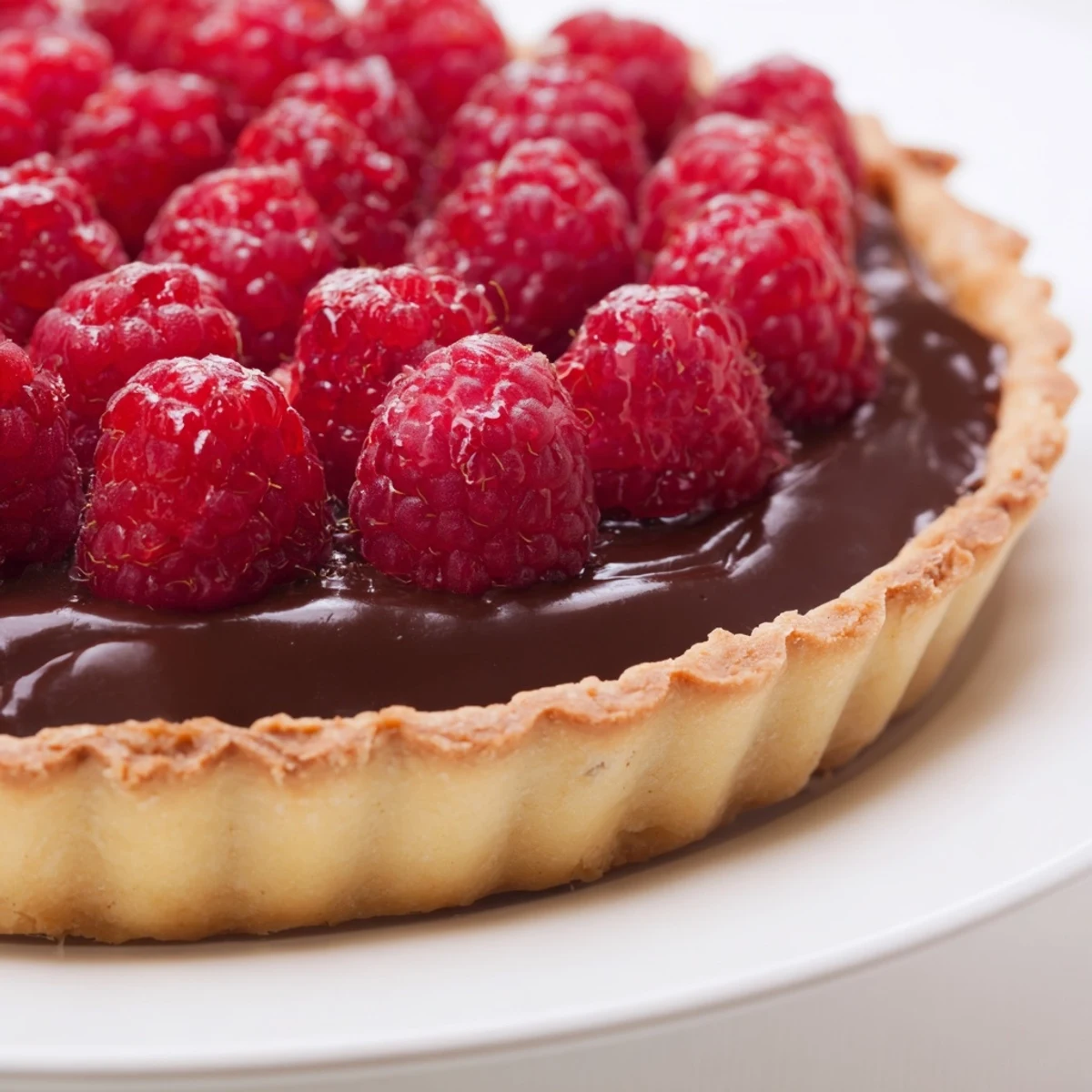 Goldbraune Tarte mit leckerer Schokoladen-Ganache und saftigen Himbeeren auf dem Teller.