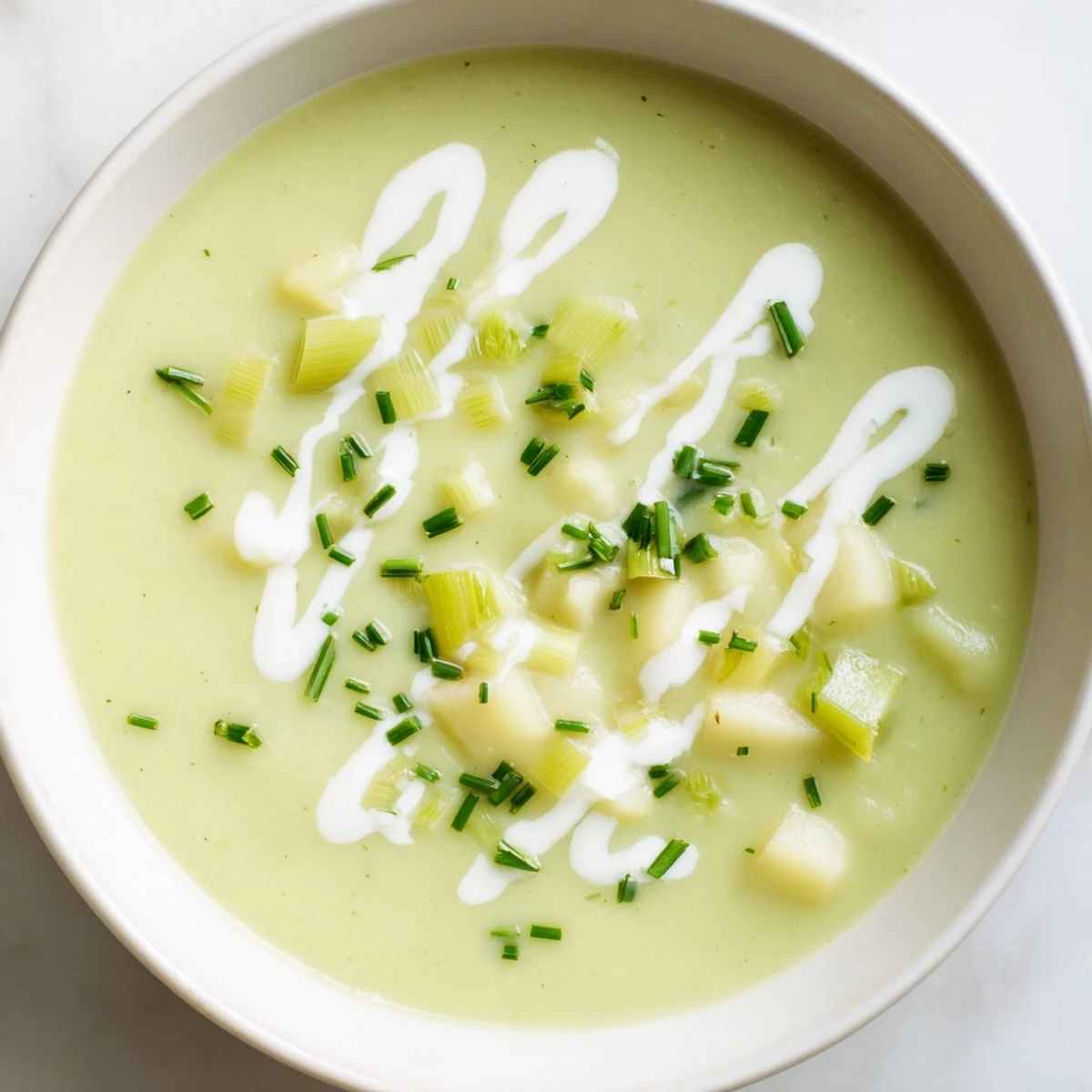 Hearty bowl of Leek and Potato Soup served hot with crusty bread, perfect for a cozy meal.