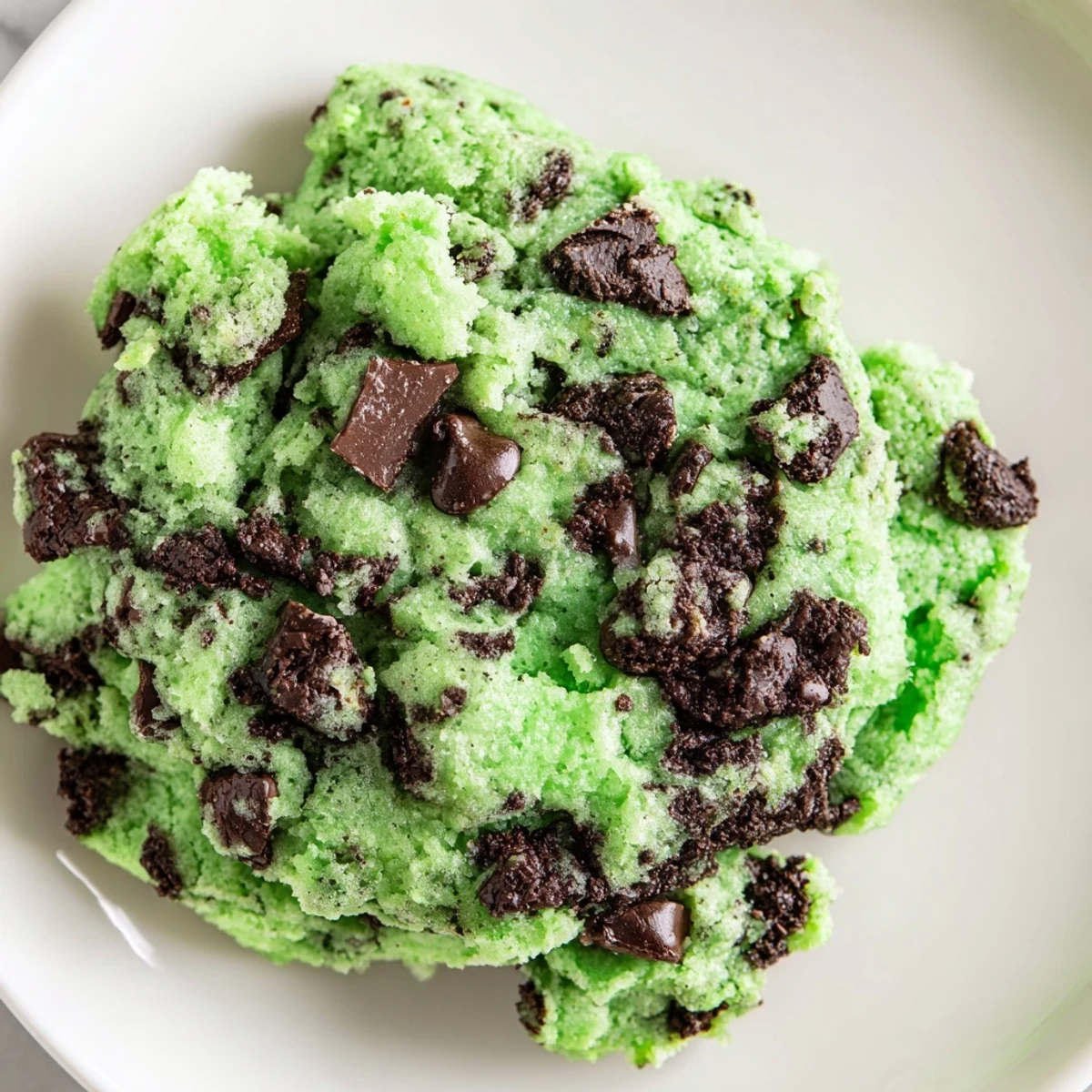 Ein Teller mit Mint Chip Cookies auf grüner Tischdecke, Zutaten im Hintergrund, ein Glas Milch steht bereit.