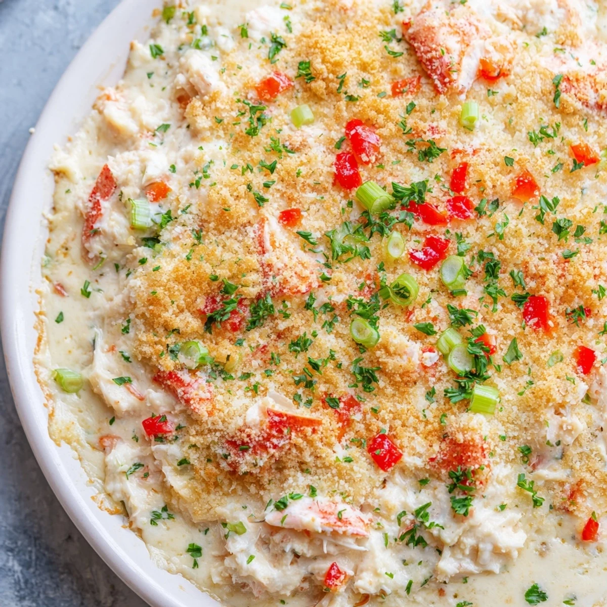 Frisch aus dem Ofen: Goldbraune Oberfläche des Crab Dips, serviert mit krossen Crostini und Crackern für Partygäste.