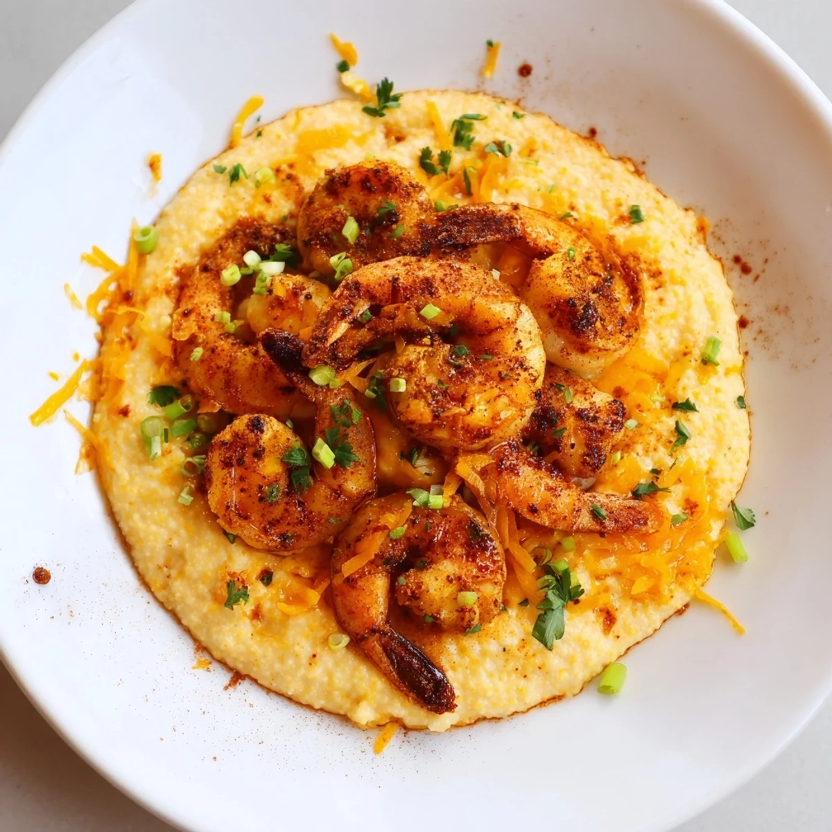 Spicy shrimp sizzling in a skillet, ready to spoon over cheesy Shrimp and Grits.