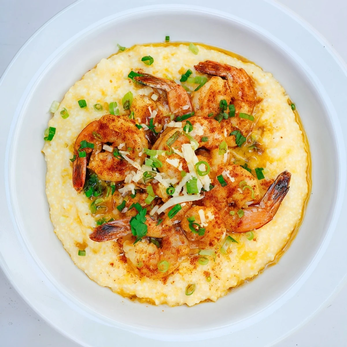 A warm bowl of Shrimp and Grits garnished with scallions and lemon wedges.