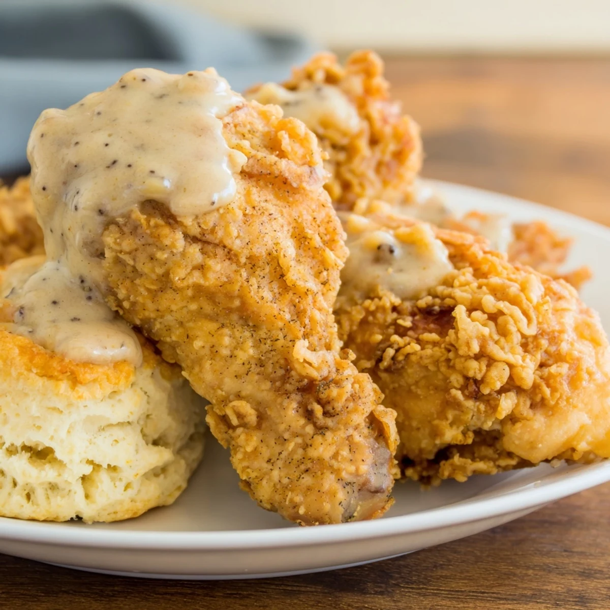 Ein rustikaler Teller mit saftiger Fried Chicken, aufgebrochener Biscuit und reichlich grauer Soße – echte Southern Comfort Food.