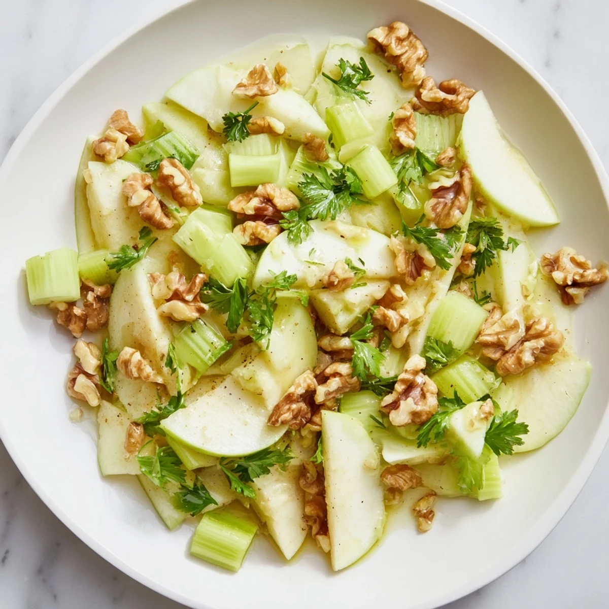 A close-up of Apple and Celery Salad with Walnuts, crisp green slices glistening in tangy dressing.