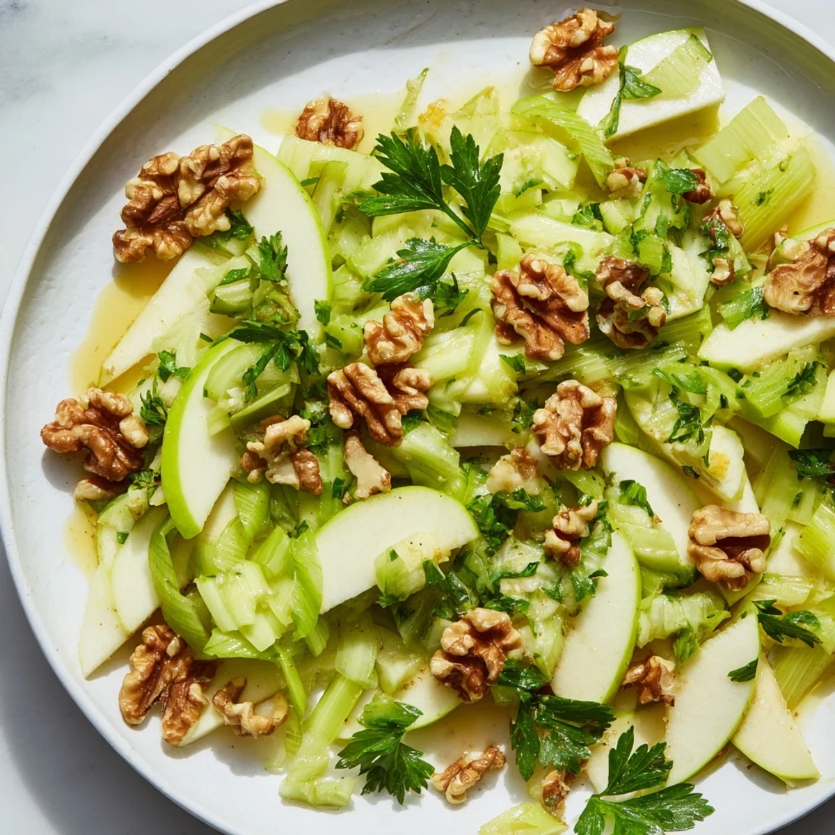 Fresh Apple and Celery Salad with Walnuts piled high, toasted halves and parsley garnish for color.
