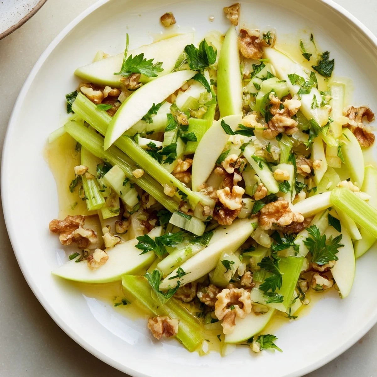 Overhead view of Apple and Celery Salad with Walnuts, served on a white platter, light and refreshing.