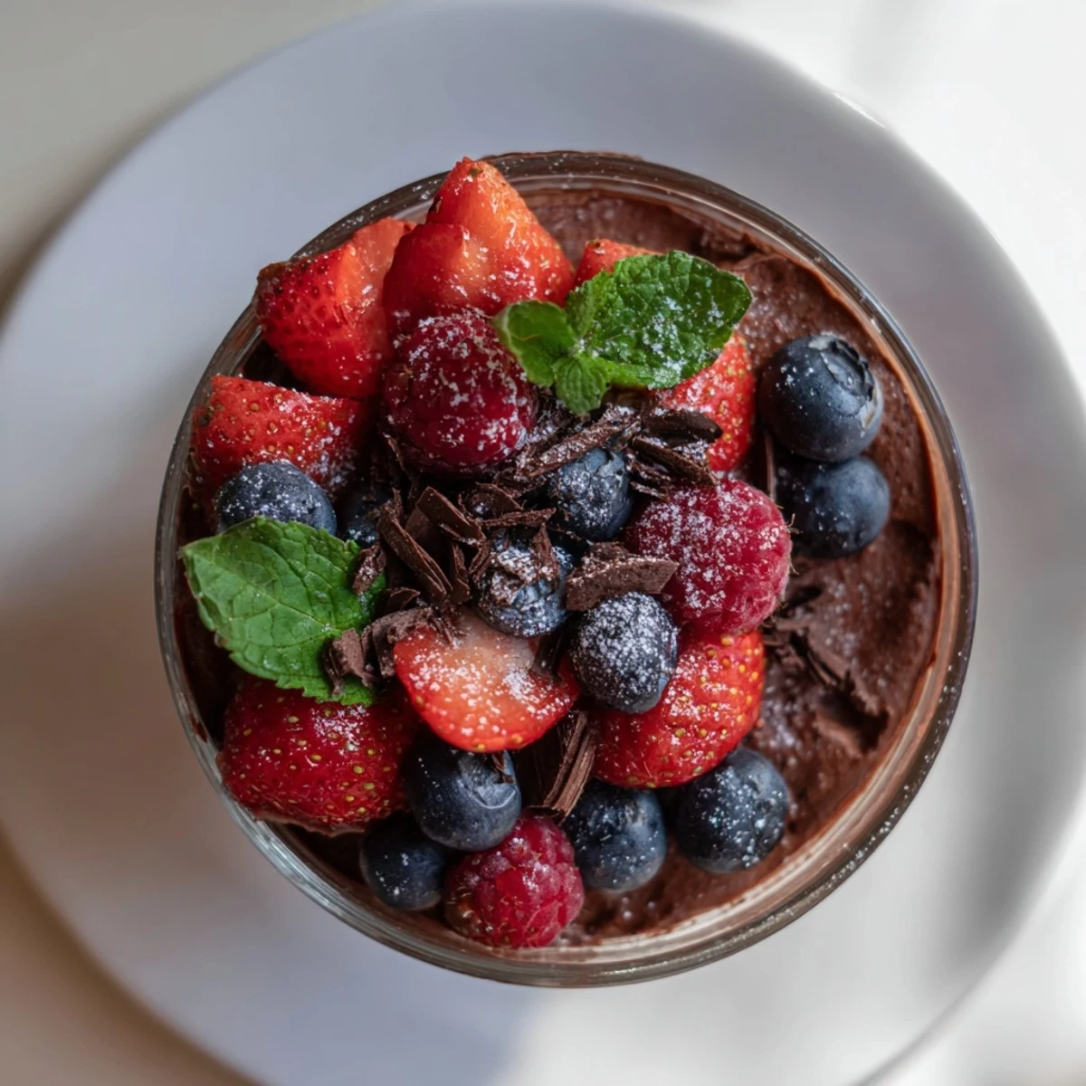 Himbeeren und Blaubeeren auf cremiger Schokoladenmousse für ein elegantes Finish.