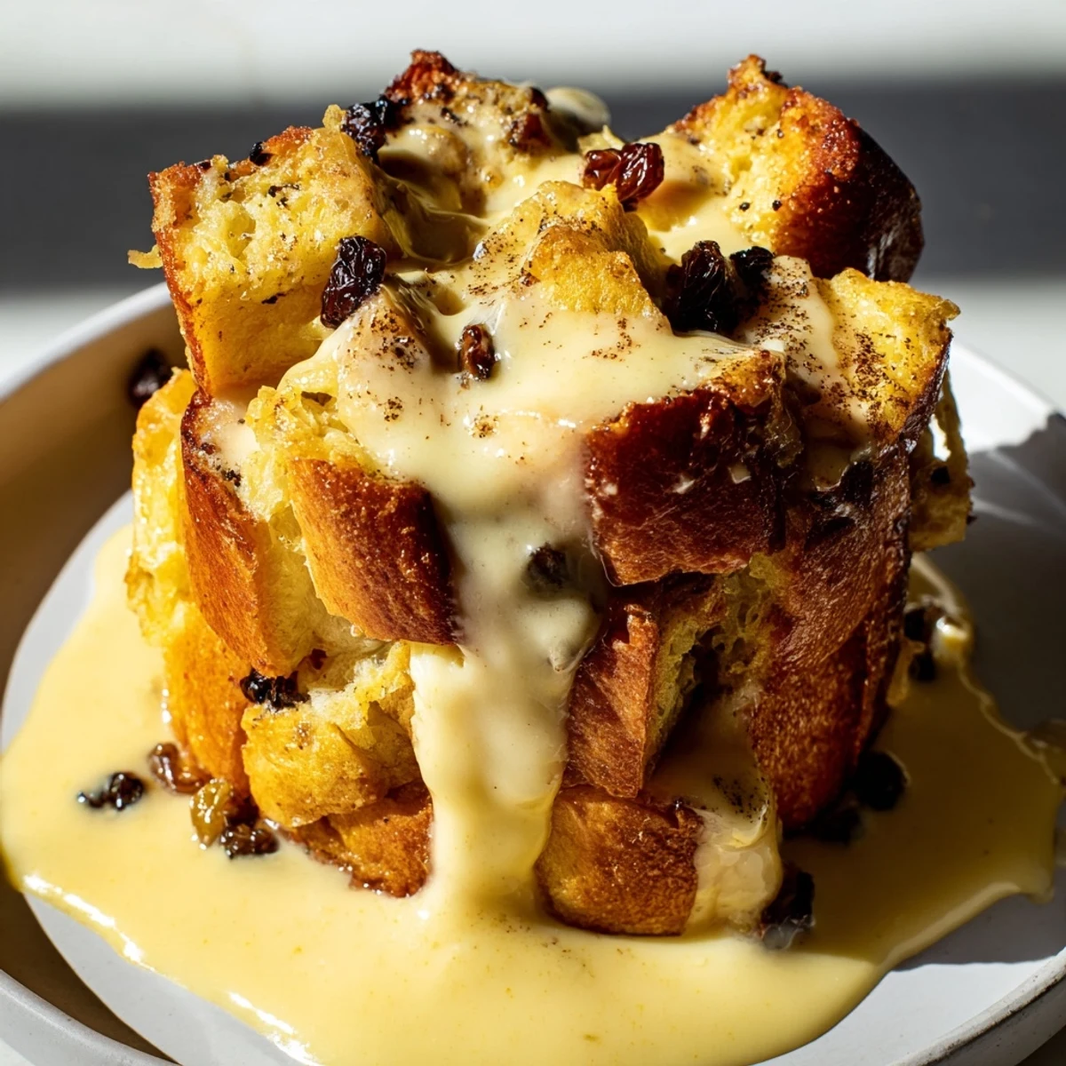 Gekühltes Bread Pudding mit Warm Vanilla Sauce in einer weißen Schale, cremig und goldbraun gebacken.