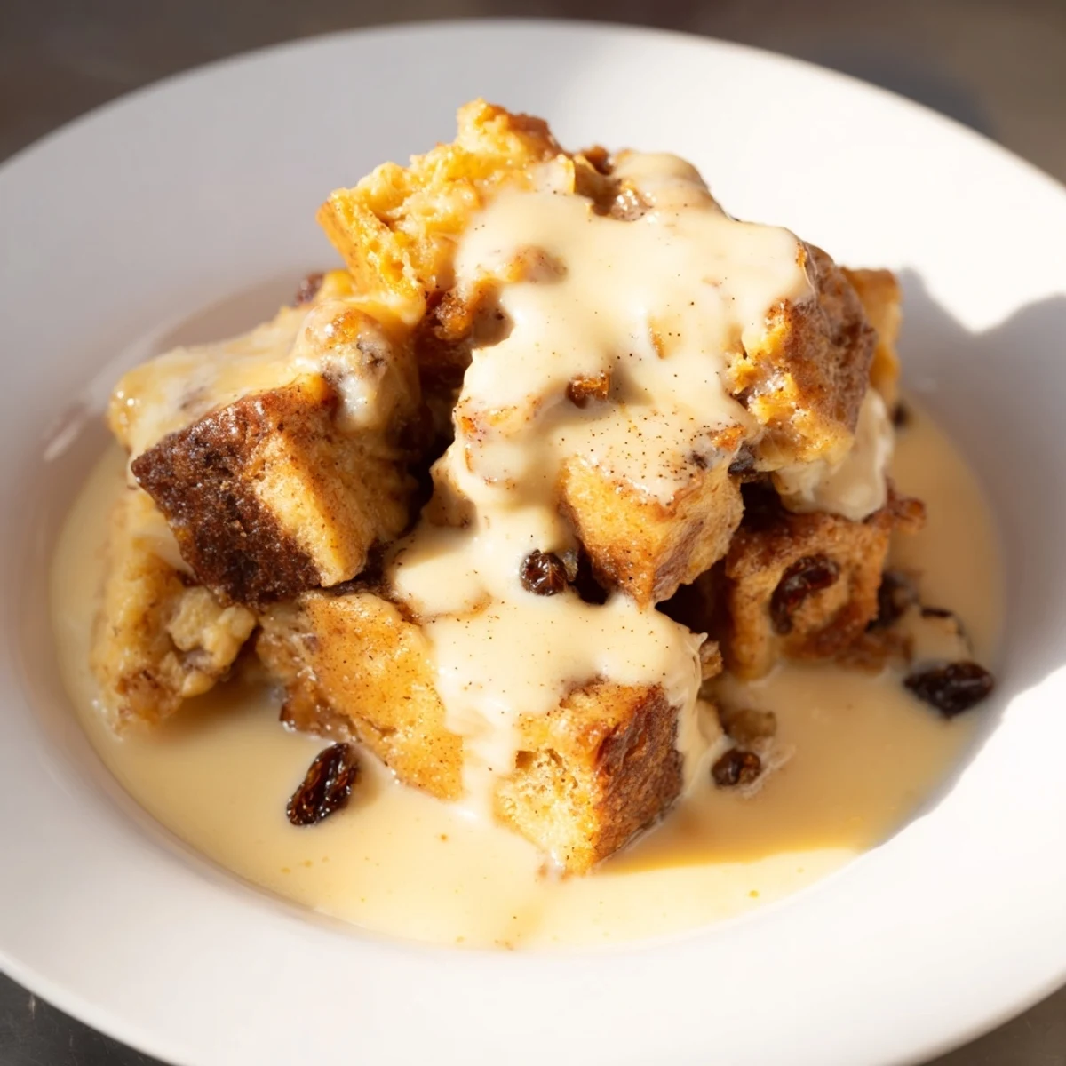 Goldener Bread Pudding mit Warm Vanilla Sauce auf einer Terrine, ein US-Klassiker, warm serviert.