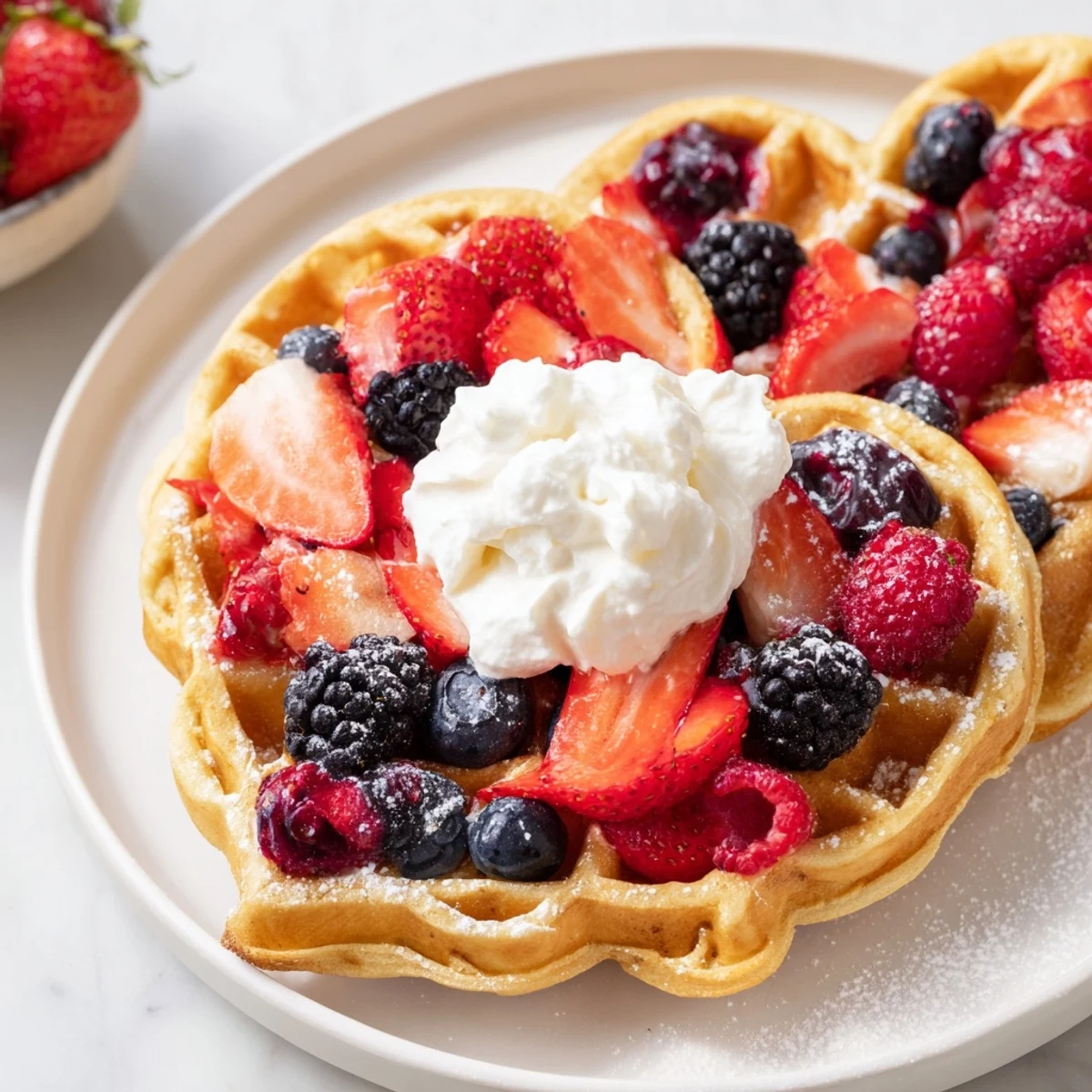 Golden brown heart shaped waffles topped with fresh berries and whipped cream.