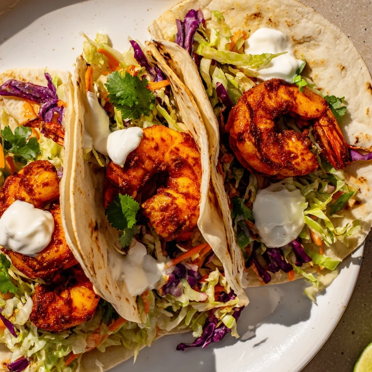 Shrimp Tacos with Cabbage Slaw and Lime on a plate with warm tortillas, juicy shrimp, and creamy lime crema.