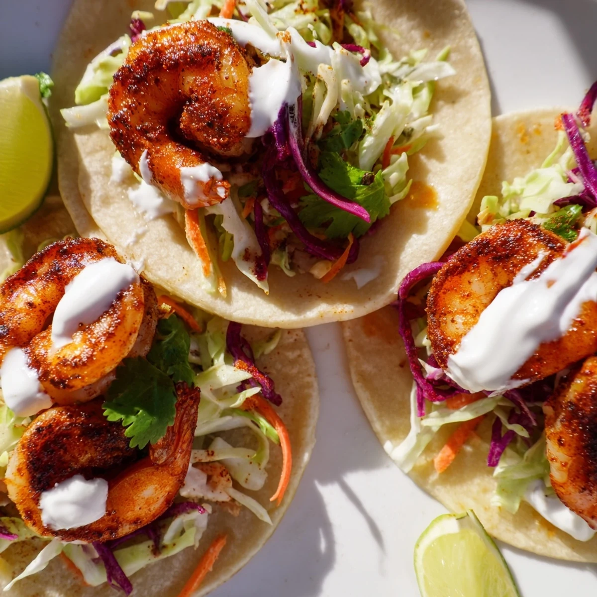 Freshly prepared Shrimp Tacos with Cabbage Slaw and Lime, featuring vibrant purple cabbage and zesty toppings.