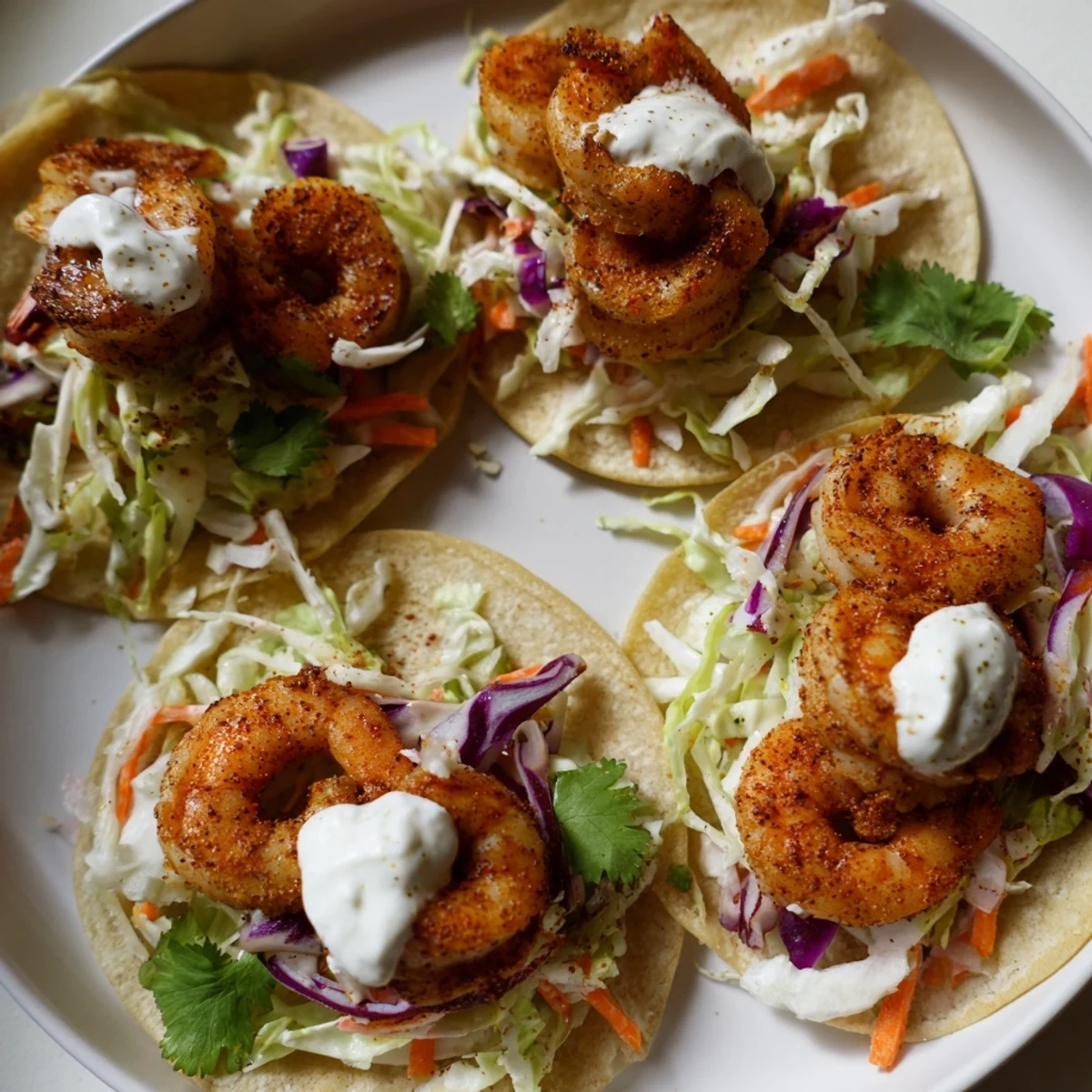 A close look at Shrimp Tacos with Cabbage Slaw and Lime, garnished with cilantro and lime wedges.